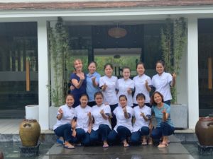 Jennifer training Ayurveda therapists in Hue Vietnam