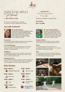 Brochure promoting panchakarma healing retreat in Vietnam with Ambika's Ayurveda, November 2025